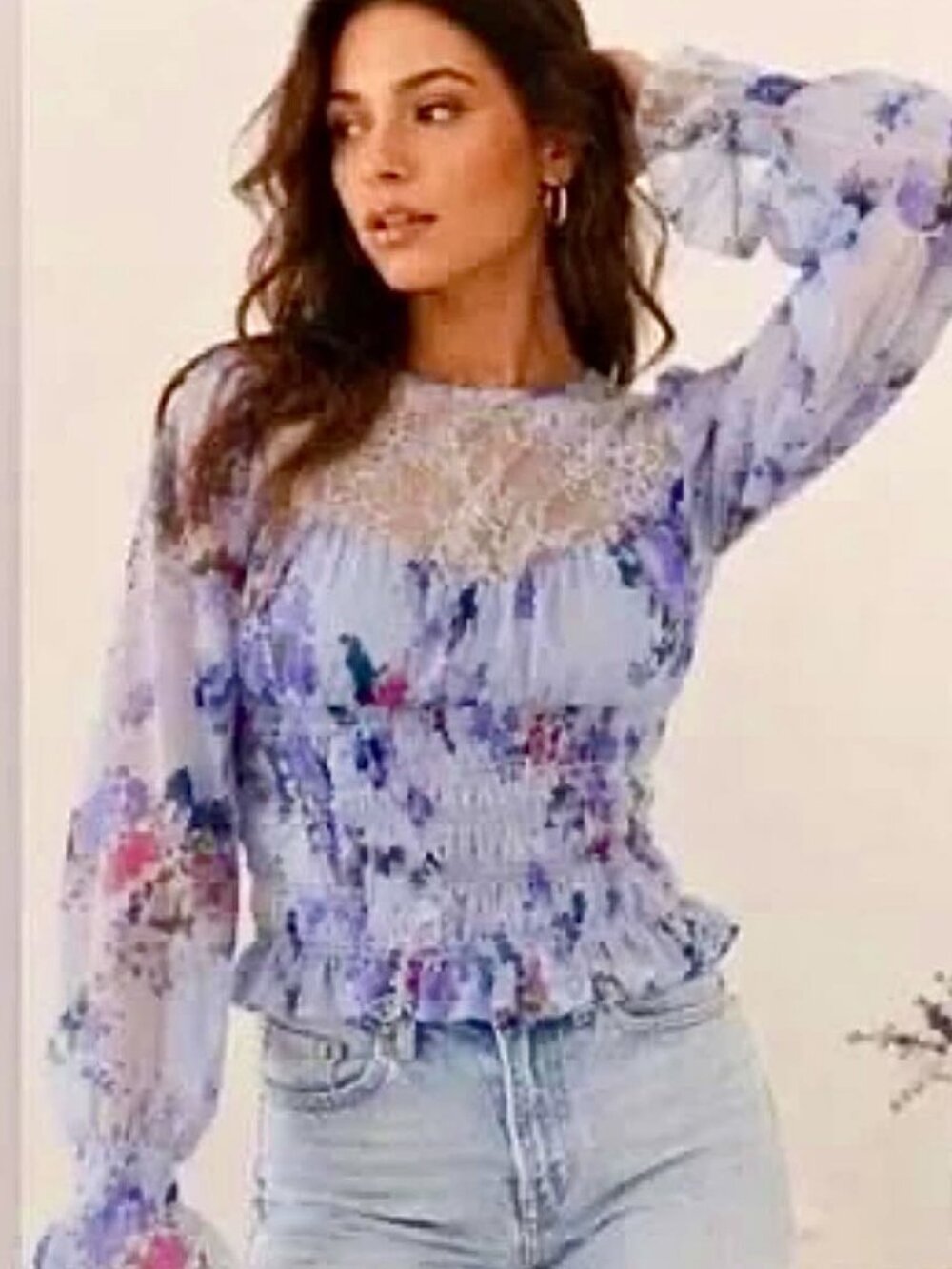 FREE PEOPLE Daphne Crop Peasant Blouse Floral Lace Smock Waist Cornflower S NWT